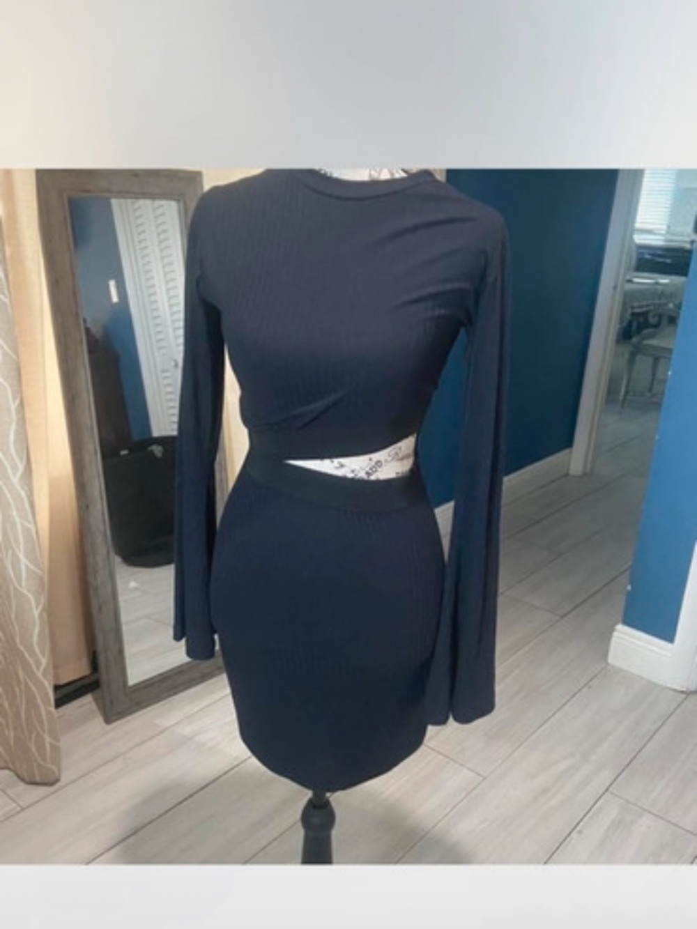 ASOS Navy Ribbed Long-Sleeve Cutout Midi Dress